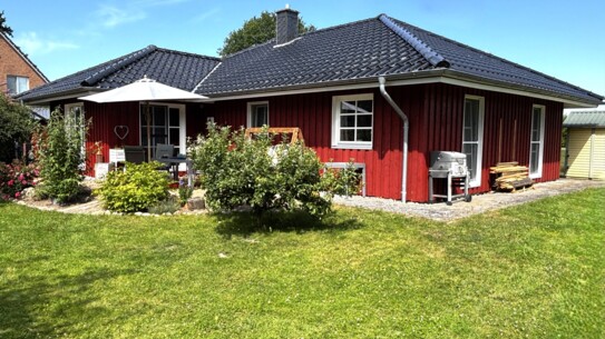 Modernes Einfamilienhaus im skandinavischen Stil mit sonnigem Garten